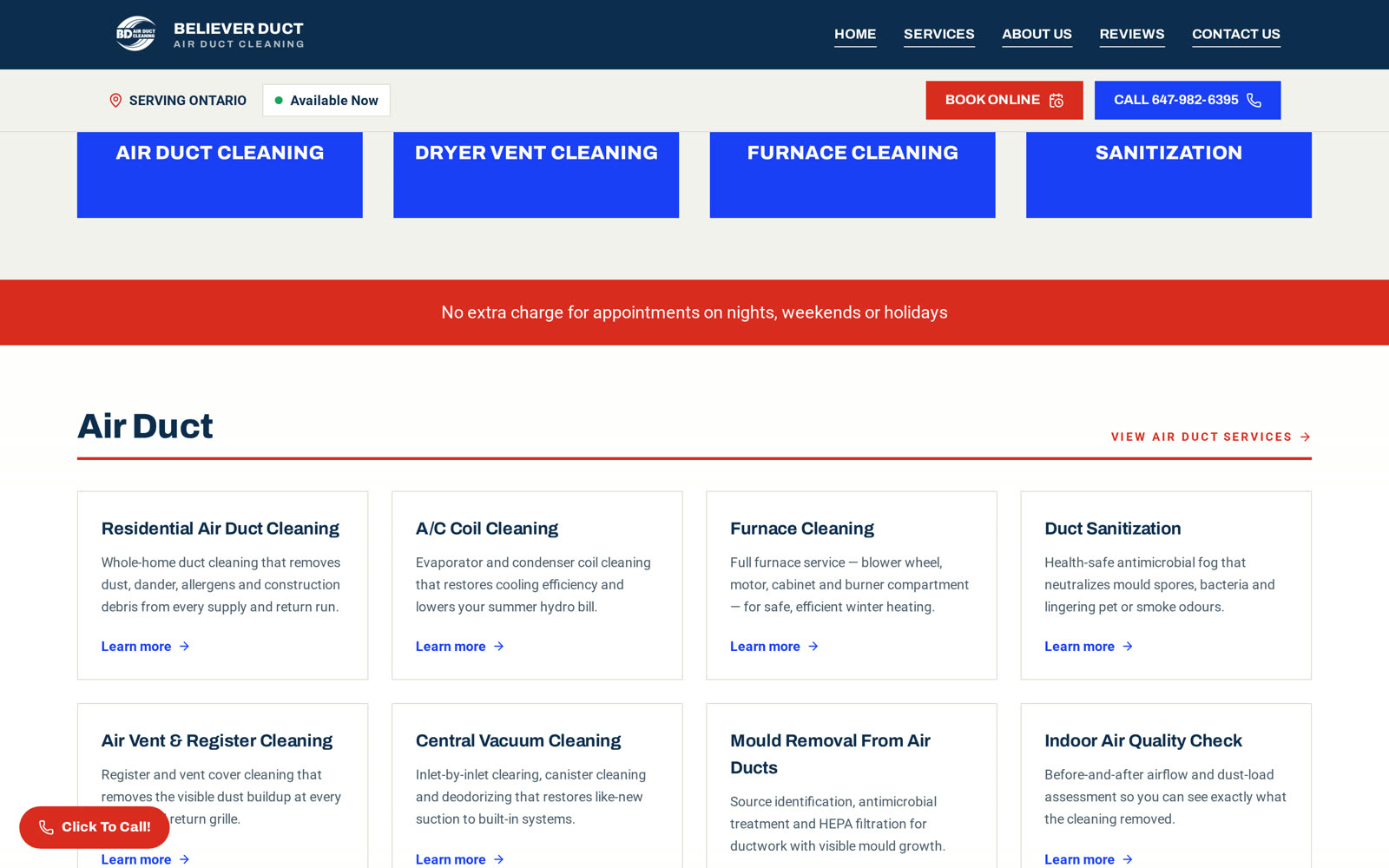 Service pages explaining the duct cleaning process
